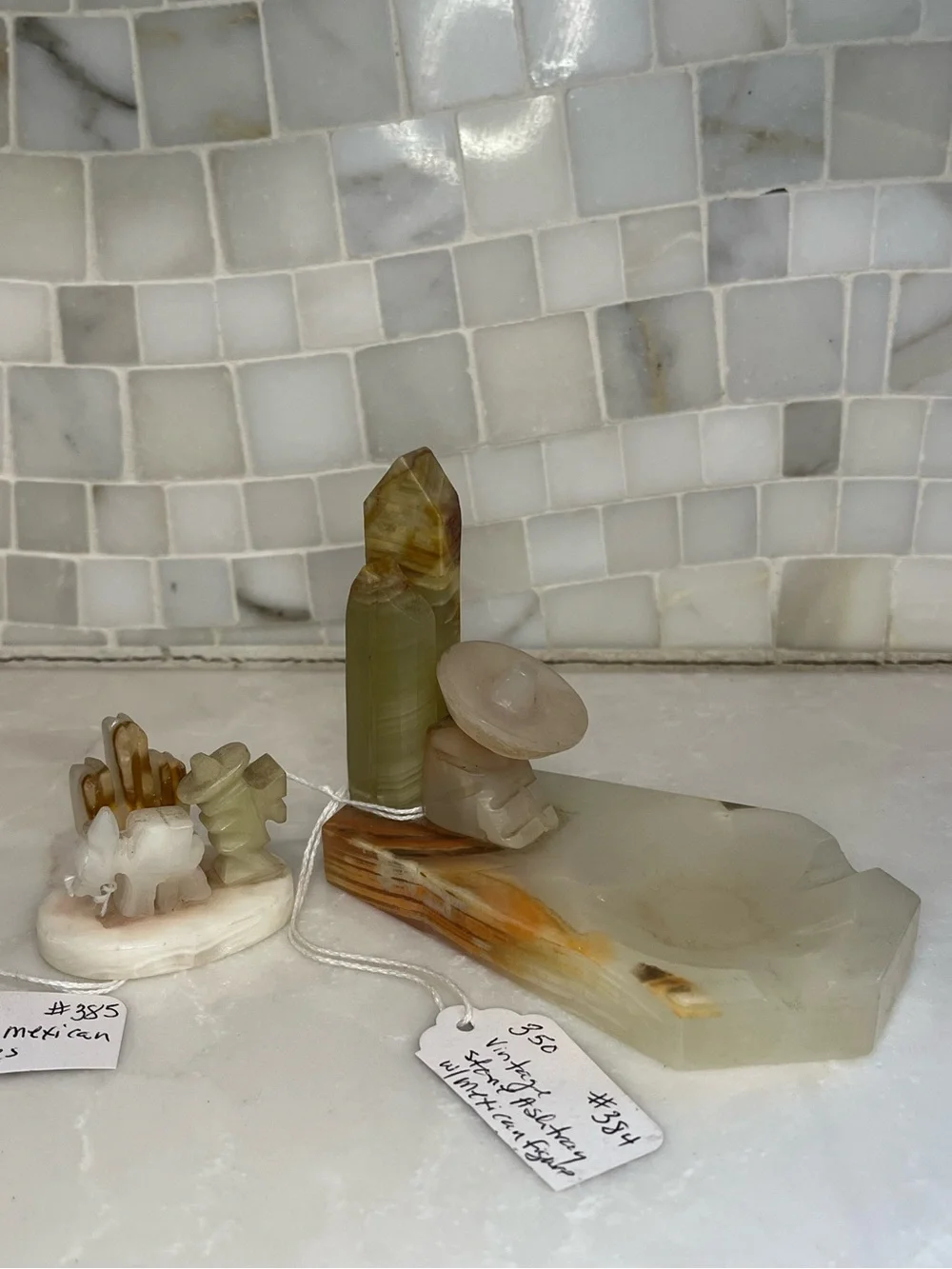 Vintage Mexican Green Onyx Ashtray & Figurine Set Mid Century Siesta Man Burro